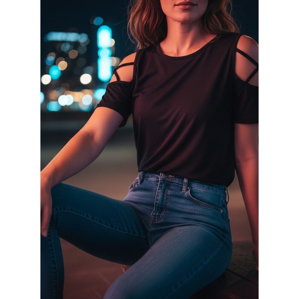 Adreamly S Black Criss Cross Cold Shoulder Cutout Short Sleeve Blouse Top